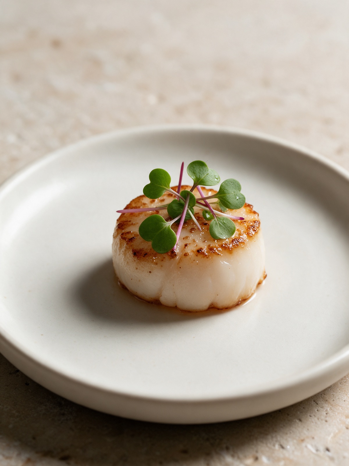Seared scallop garnished with purple radish microgreens