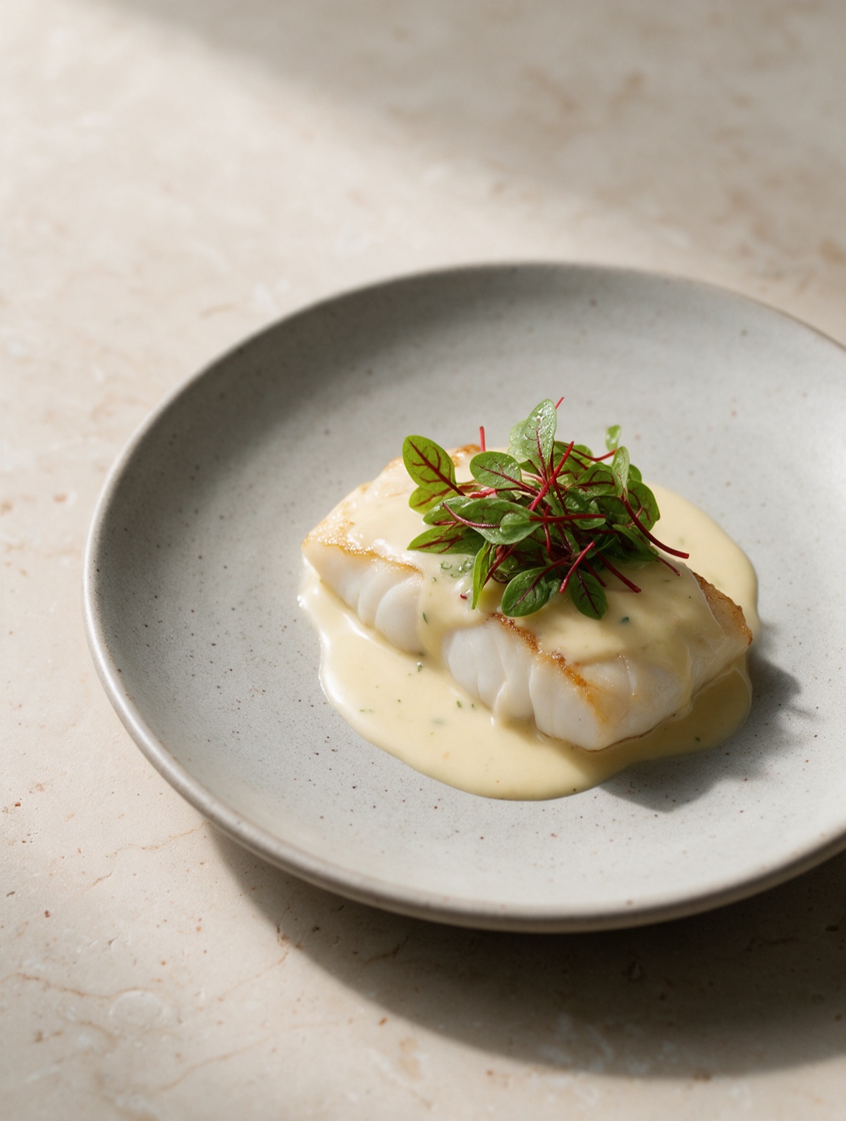 White fish with beurre blanc and red veined sorrel
